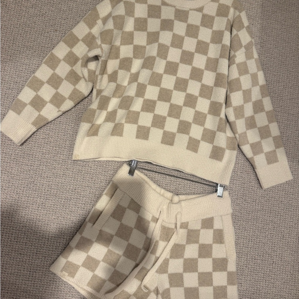Barefoot Dreams Checkered Beige Sweater and Shorts Set